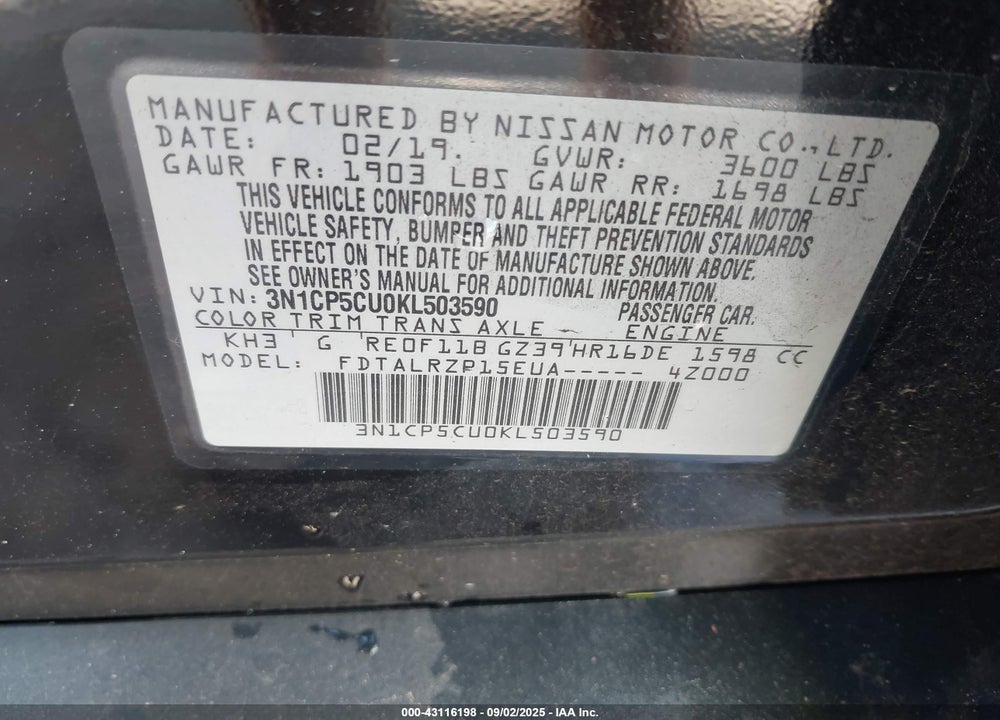2019 NISSAN KICKS S VIN: 3N1CP5CU0KL503590