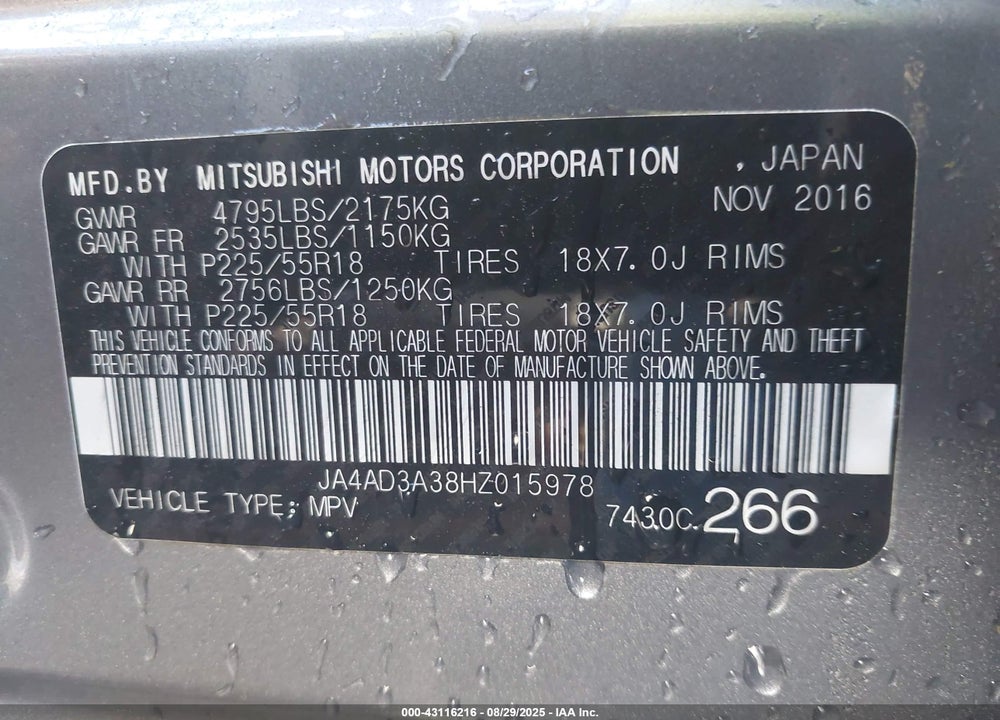 2017 MITSUBISHI OUTLANDER VIN: JA4AD3A38HZ015978