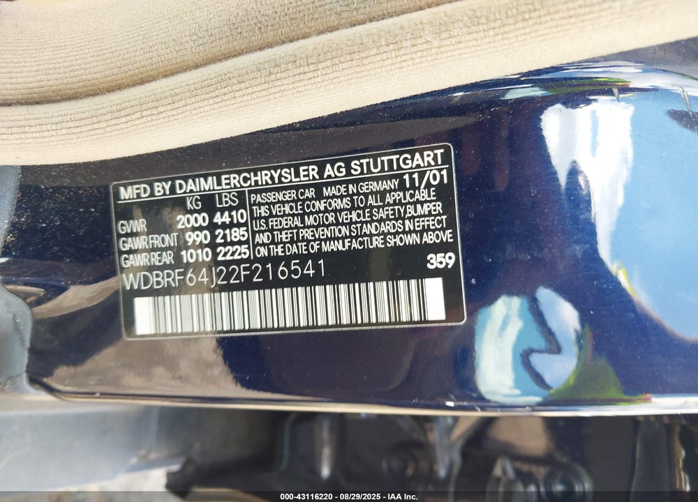 2002 MERCEDES-BENZ C 320 VIN: WDBRF64J22F216541