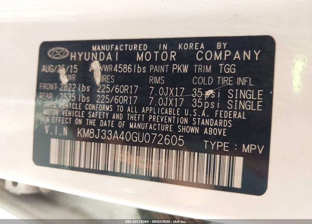 2016 HYUNDAI TUCSON VIN: KM8J33A40GU072605