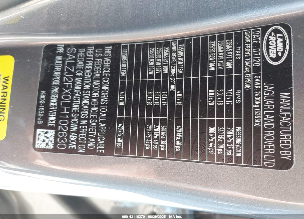 2020 LAND ROVER RANGE ROVER EVOQUE VIN: SALZJ2FX0LH102630