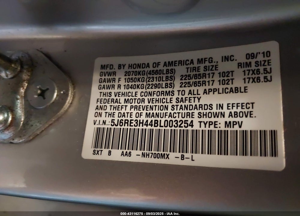 2011 HONDA CR-V SE VIN: 5J6RE3H44BL003254