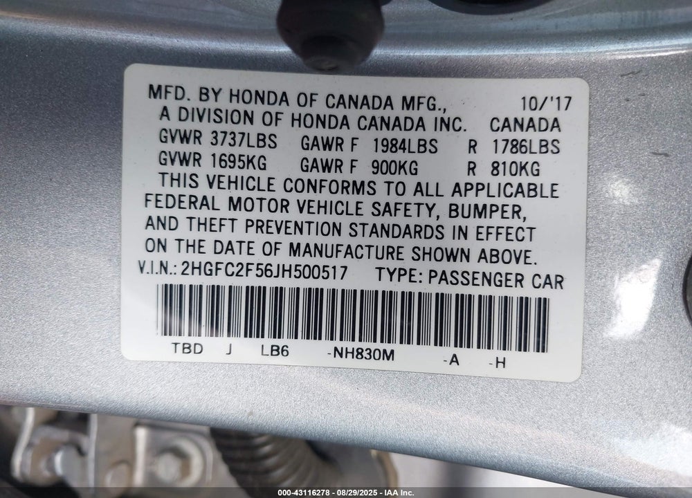 2018 HONDA CIVIC VIN: 2HGFC2F56JH500517