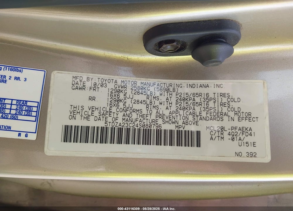 2004 TOYOTA SIENNA CE VIN: 5TDZA23C24S080796