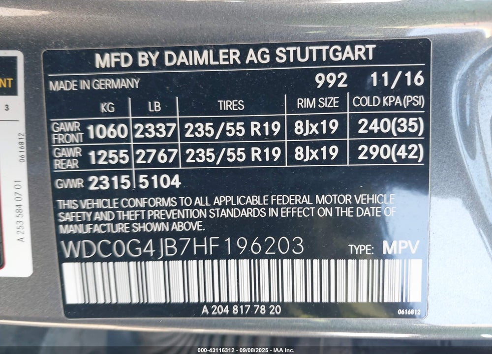 2017 MERCEDES-BENZ GLC 300 VIN: WDC0G4JB7HF196203