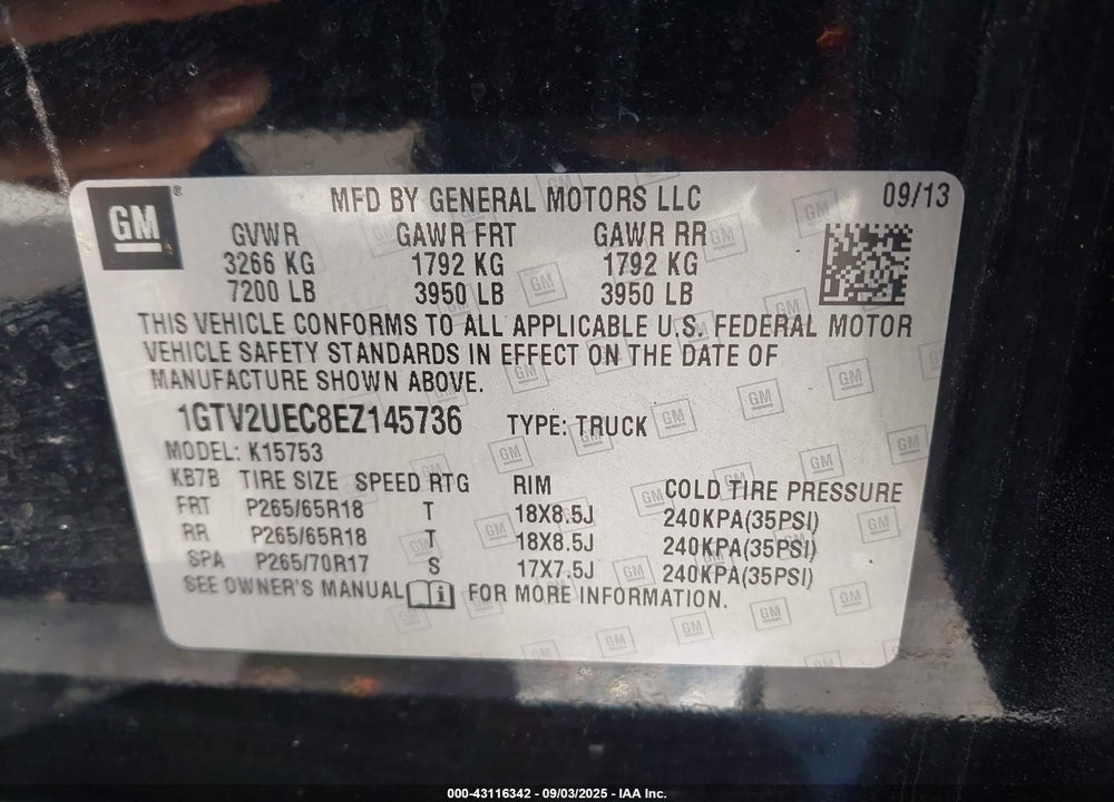 2014 GMC SIERRA 1500 VIN: 1GTV2UEC8EZ145736