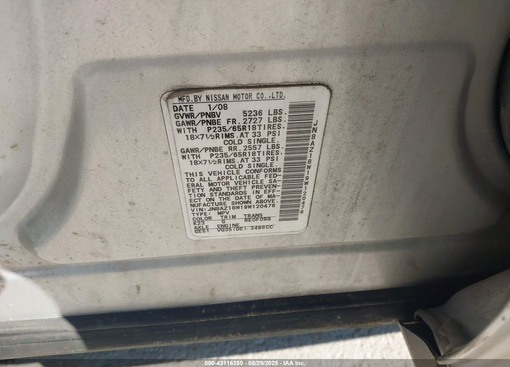 2009 NISSAN MURANO VIN: JN8AZ18W19W120476