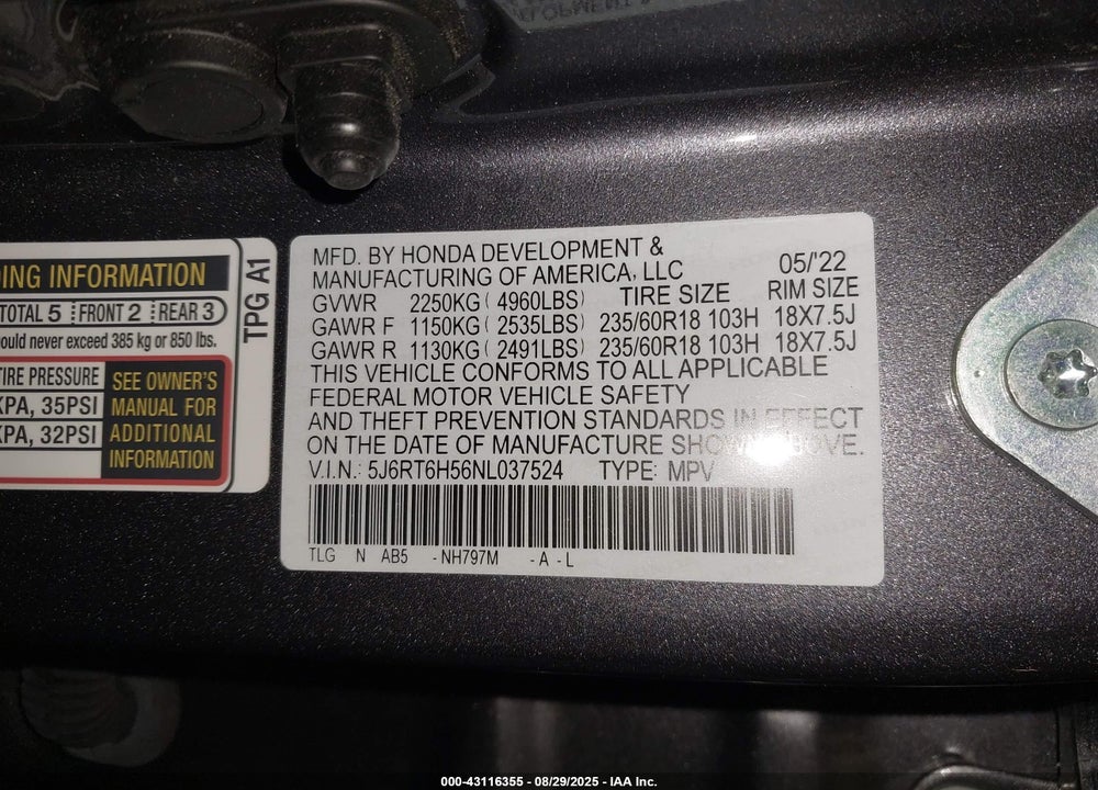 2022 HONDA CR-V VIN: 5J6RT6H56NL037524