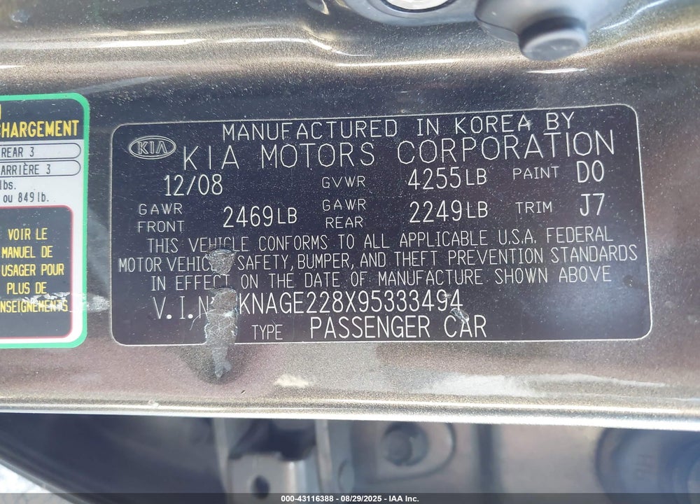 2009 KIA OPTIMA VIN: KNAGE228X95333494
