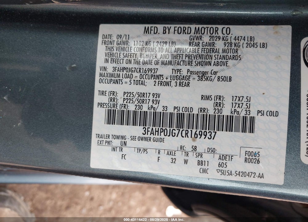 2012 FORD FUSION VIN: 3FAHP0JG7CR169937