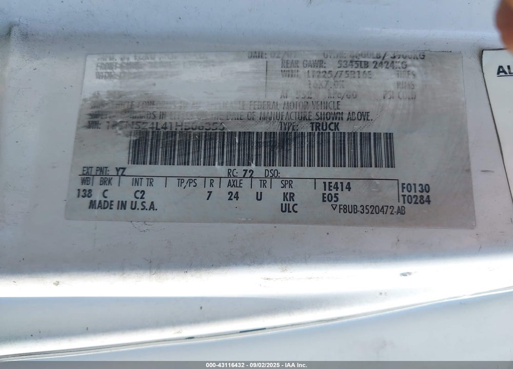 2001 FORD E-250 COMMERCIAL/RECREATIONAL VIN: 1FTNS24L41HB06356