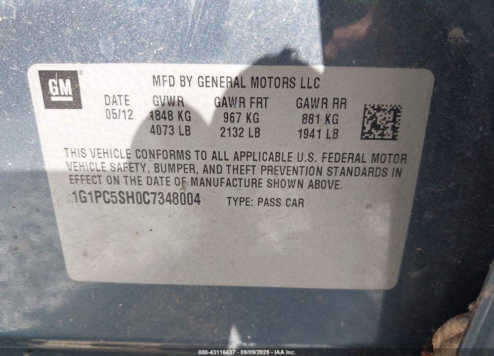 2012 CHEVROLET CRUZE VIN: 1G1PC5SH0C7348004