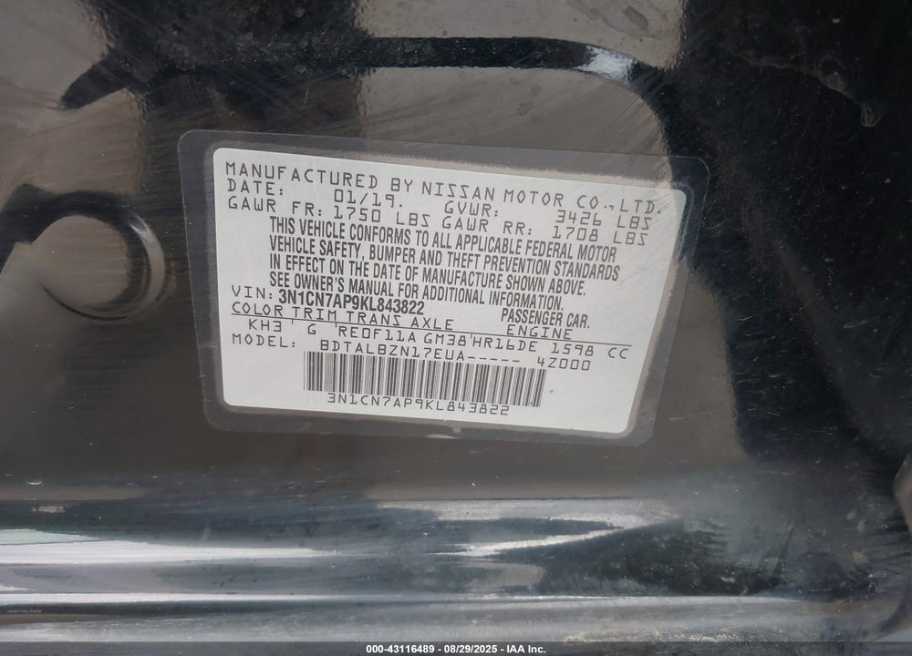 2019 NISSAN VERSA VIN: 3N1CN7AP9KL843822