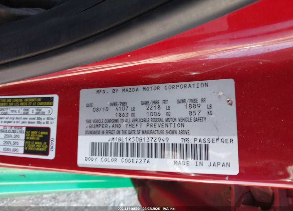 2011 MAZDA 3 VIN: JM1BL1K50B1372949