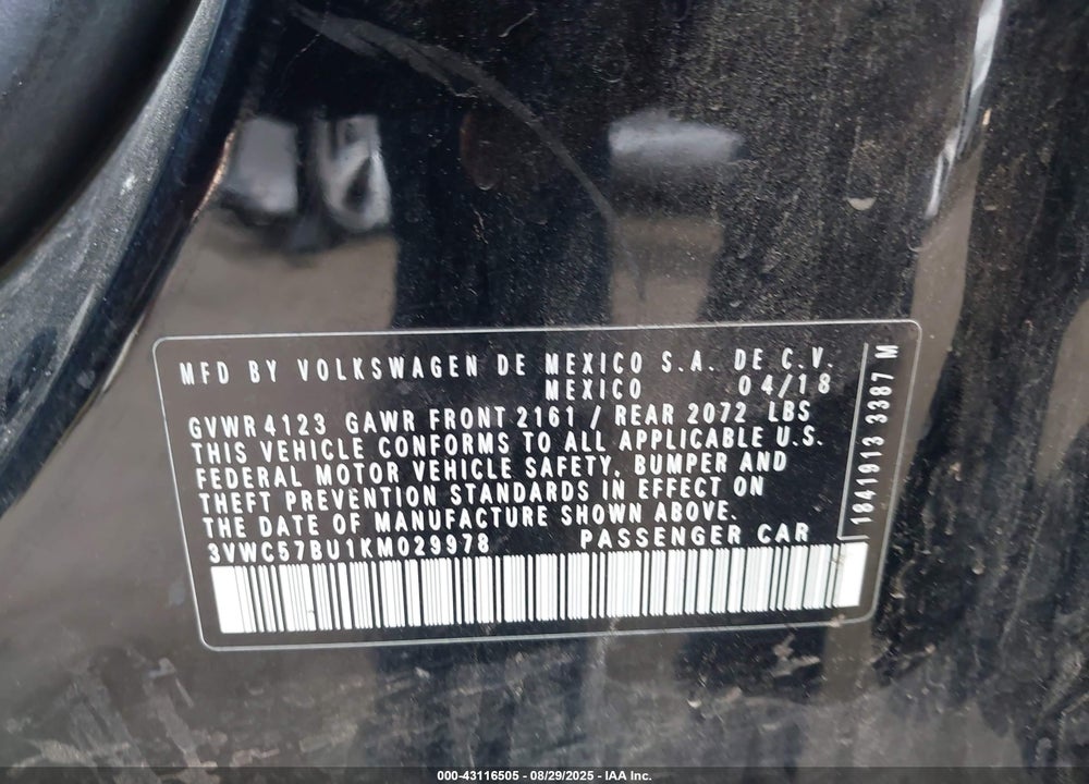 2019 VOLKSWAGEN JETTA VIN: 3VWC57BU1KM029978