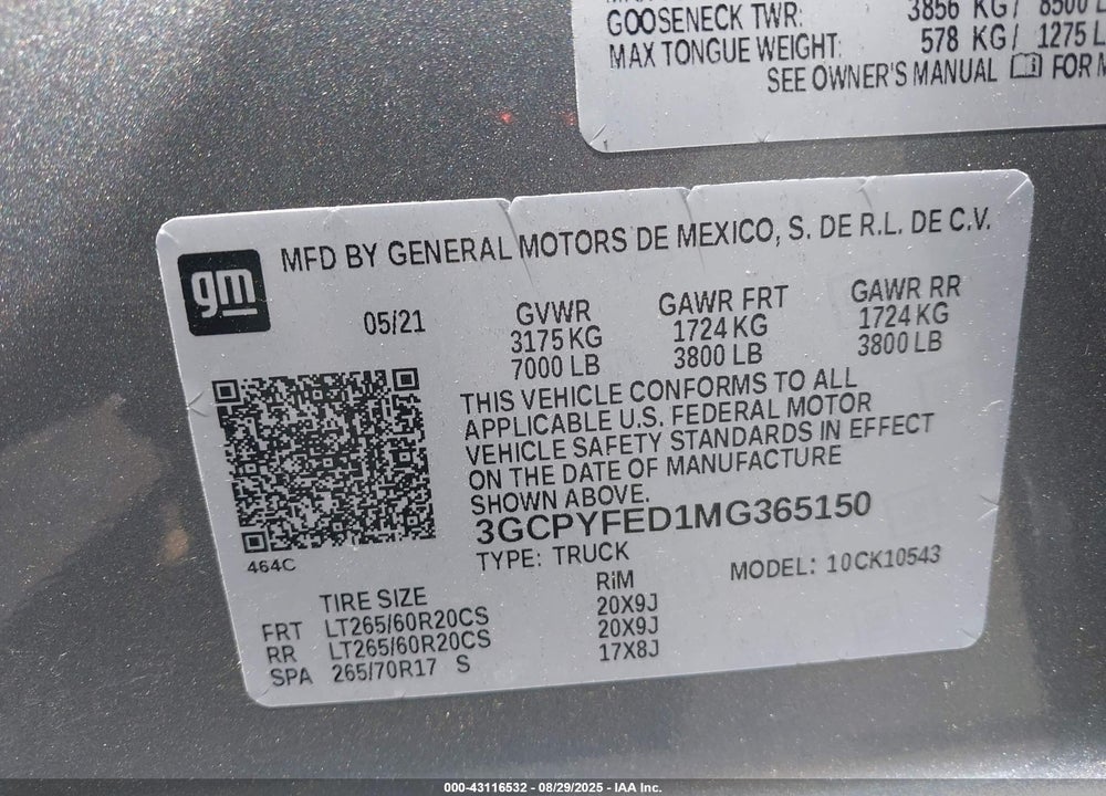 2021 CHEVROLET SILVERADO 1500 VIN: 3GCPYFED1MG365150