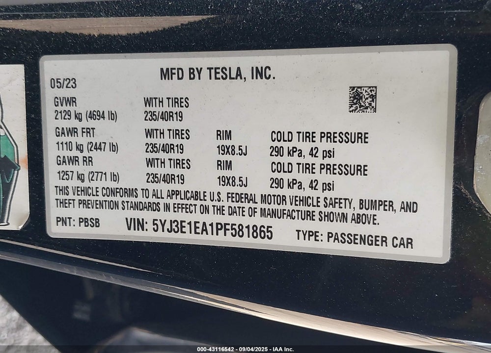 2023 TESLA MODEL 3 REAR-WHEEL DRIVE VIN: 5YJ3E1EA1PF581865