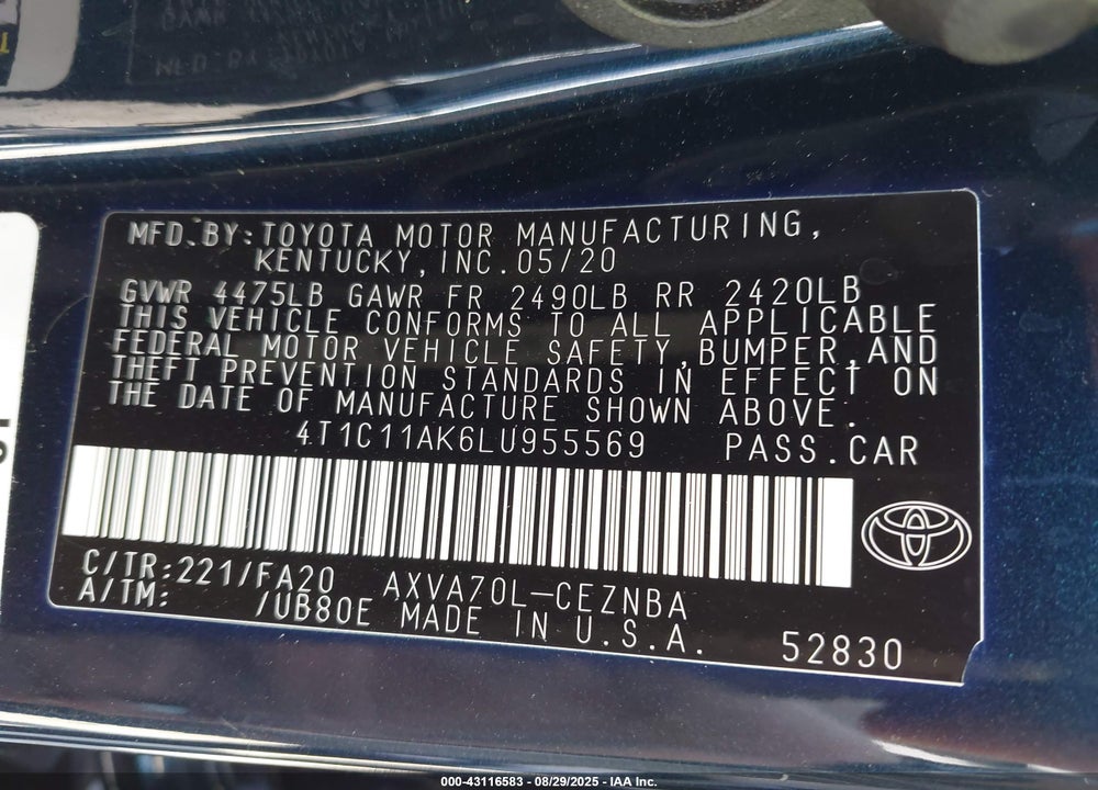 2020 TOYOTA CAMRY VIN: 4T1C11AK6LU955569