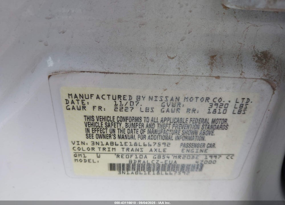 2008 NISSAN SENTRA 2.0 VIN: 3N1AB61E18L667592
