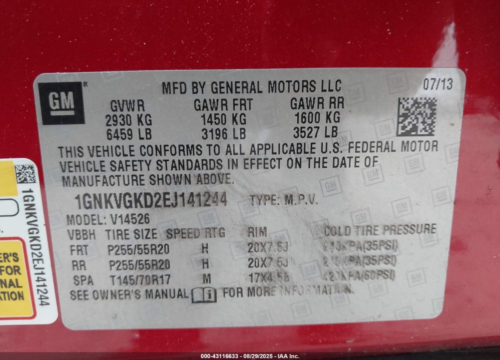 2014 CHEVROLET TRAVERSE VIN: 1GNKVGKD2EJ141244