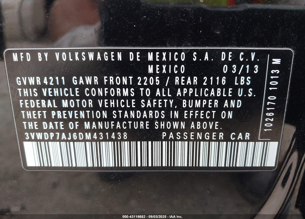 2013 VOLKSWAGEN JETTA VIN: 3VWDP7AJ6DM431438