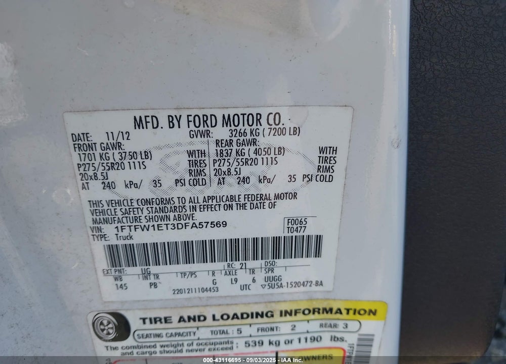 2013 FORD F-150 VIN: 1FTFW1ET3DFA57569