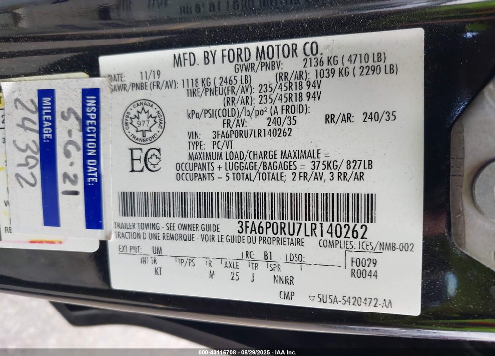 2020 FORD FUSION VIN: 3FA6P0RU7LR140262