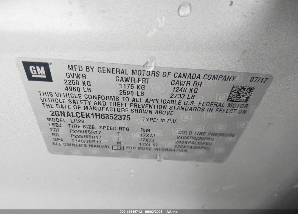 2017 CHEVROLET EQUINOX VIN: 2GNALCEK1H6352375