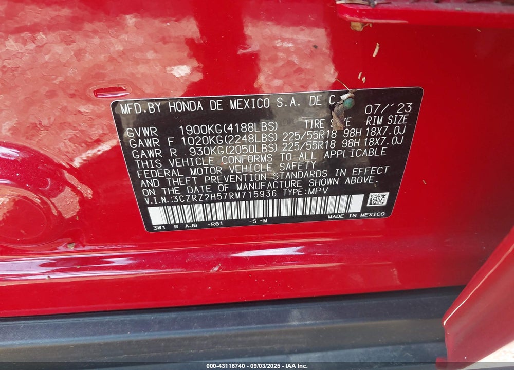 2024 HONDA HR-V VIN: 3CZRZ2H57RM715936