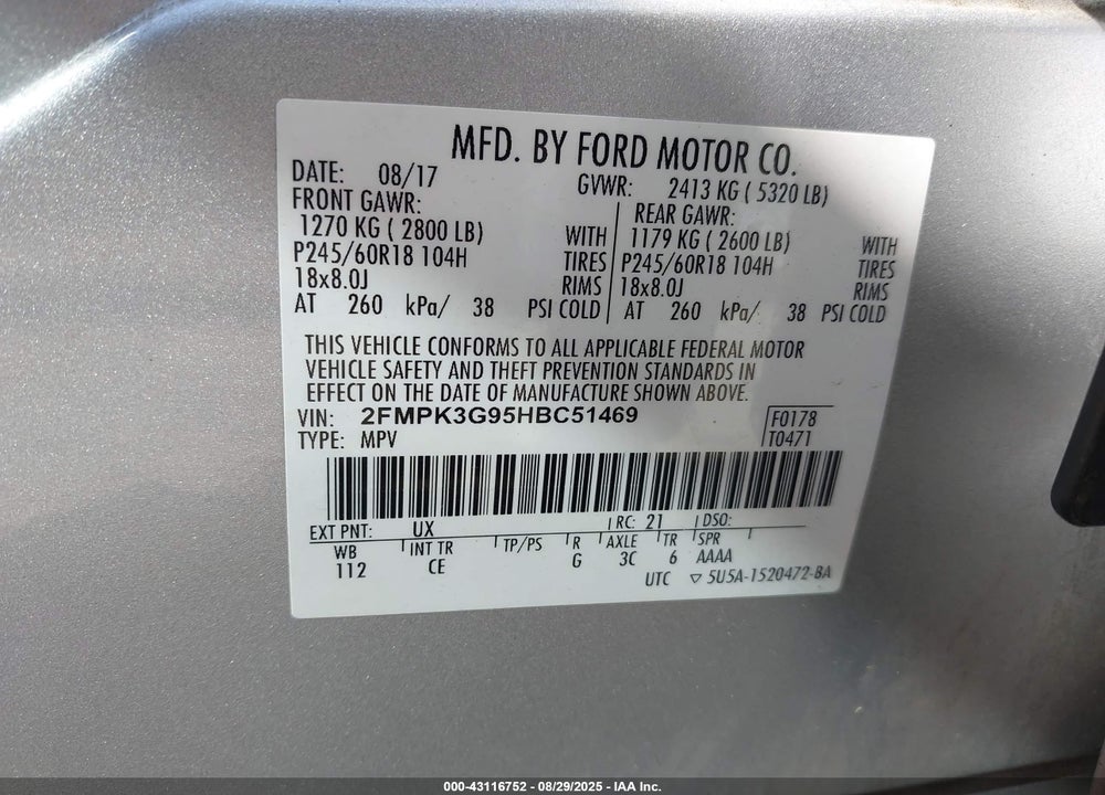 2017 FORD EDGE VIN: 2FMPK3G95HBC51469
