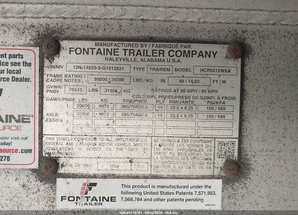 2016 FONTAINE TRAILER CO FLATBED TRAILER VIN: 13N148209G1512621