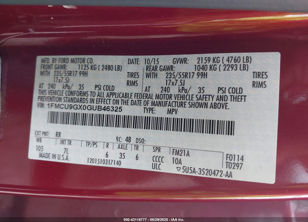 2016 FORD ESCAPE VIN: 1FMCU9GX0GUB46325