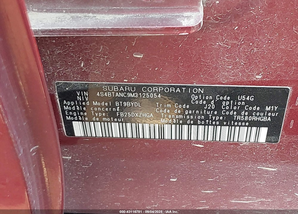 2021 SUBARU OUTBACK VIN: 4S4BTANC9M3125054