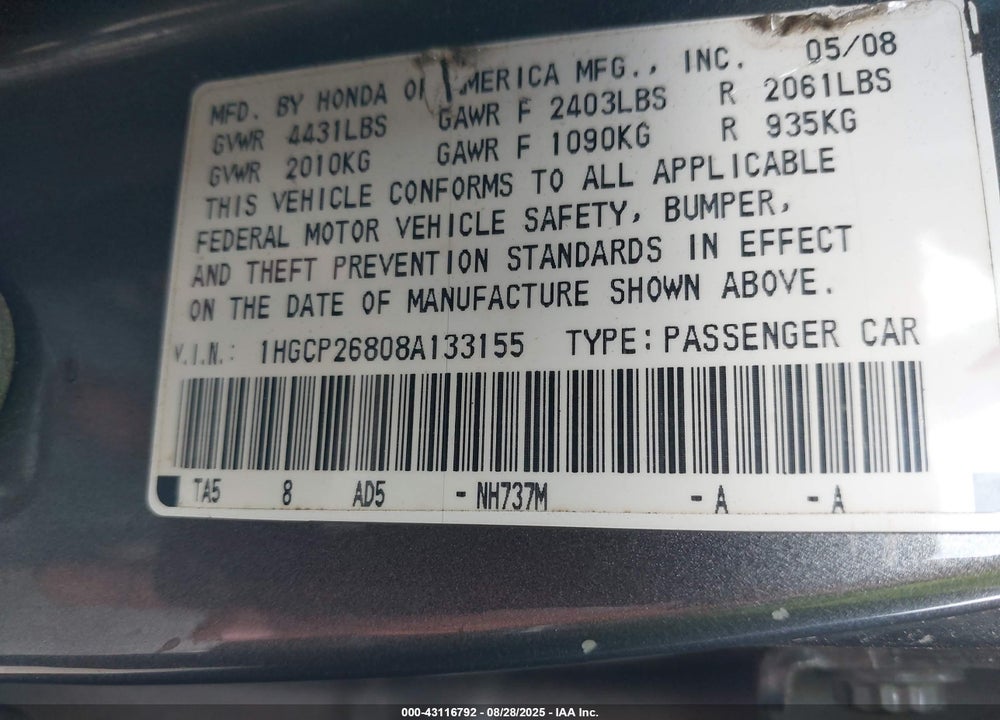 2008 HONDA ACCORD VIN: 1HGCP26808A133155