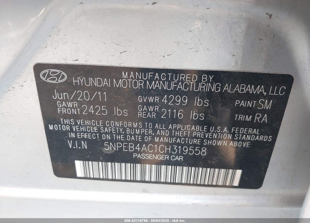 2012 HYUNDAI SONATA VIN: 5NPEB4AC1CH319558