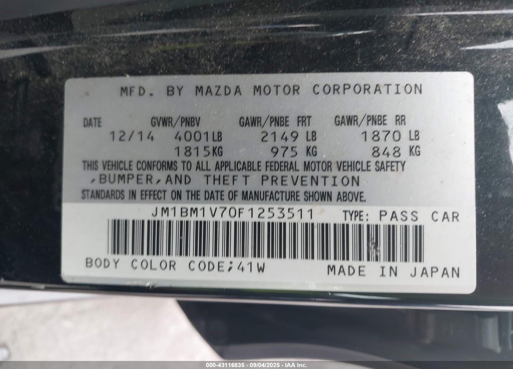 2015 MAZDA 3 VIN: JM1BM1V70F1253511