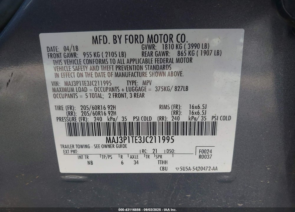 2018 FORD ECOSPORT VIN: MAJ3P1TE3JC211995