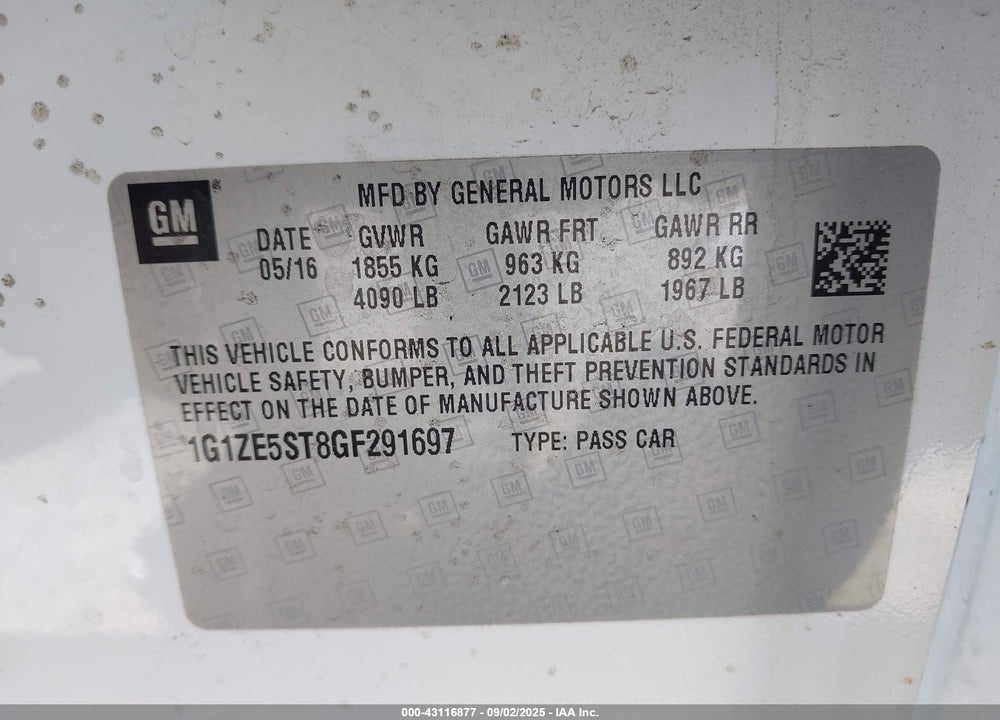 2016 CHEVROLET MALIBU VIN: 1G1ZE5ST8GF291697