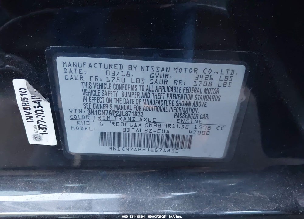 2018 NISSAN VERSA VIN: 3N1CN7AP2JL871833