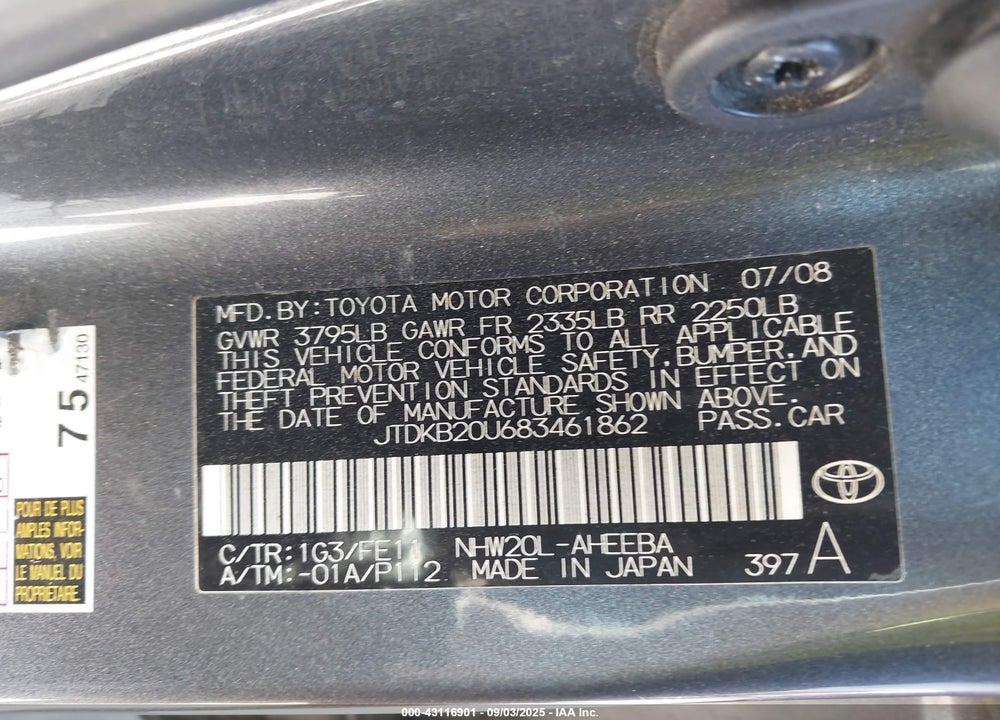 2008 TOYOTA PRIUS VIN: JTDKB20U683461862