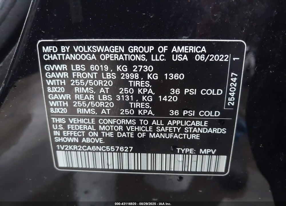 2022 VOLKSWAGEN ATLAS VIN: 1V2KR2CA6NC557627