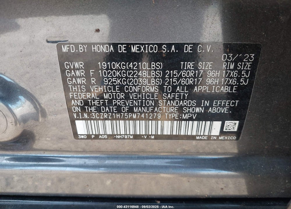 2023 HONDA HR-V VIN: 3CZRZ1H75PM741279