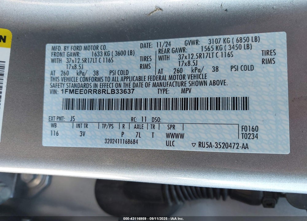 2024 FORD BRONCO RAPTOR VIN: 1FMEE0RR8RLB33637
