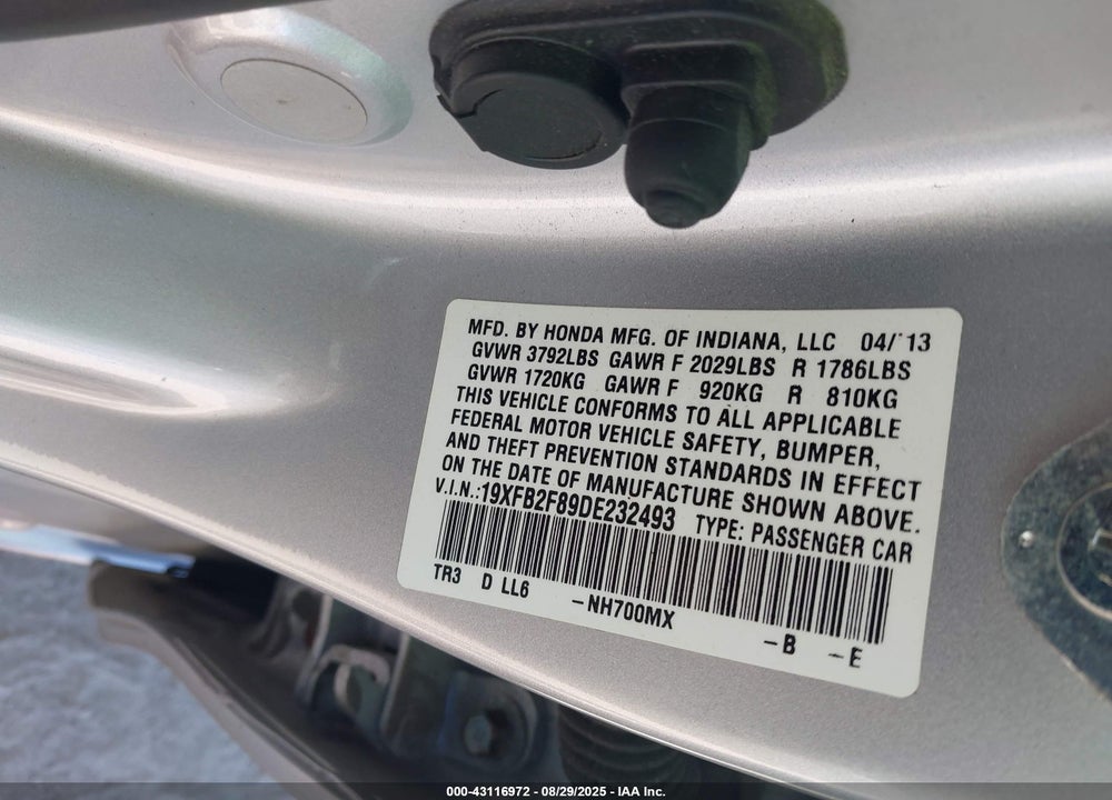 2013 HONDA CIVIC VIN: 19XFB2F89DE232493