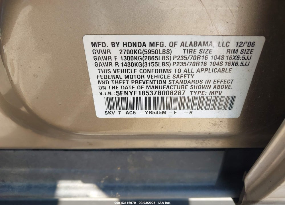 2007 HONDA PILOT EX-L VIN: 5FNYF18537B008287