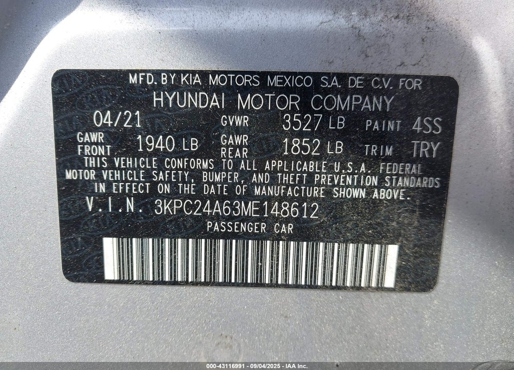 2021 HYUNDAI ACCENT VIN: 3KPC24A63ME148612