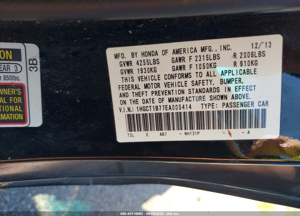 2014 HONDA ACCORD VIN: 1HGCT1B77EA005414
