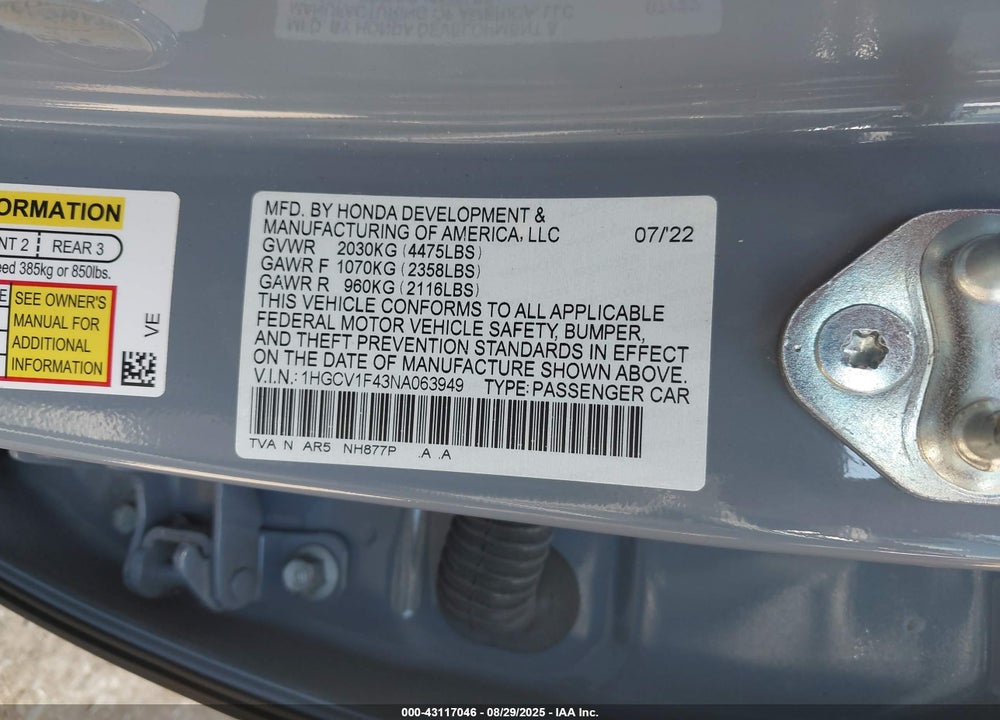 2022 HONDA ACCORD VIN: 1HGCV1F43NA063949