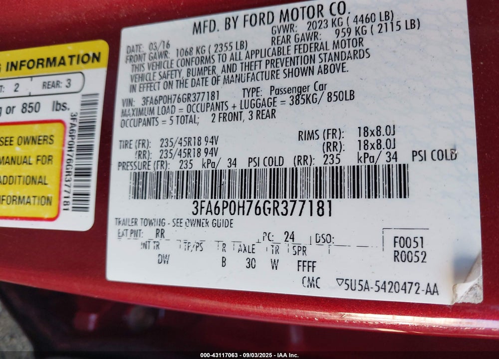 2016 FORD FUSION VIN: 3FA6P0H76GR377181