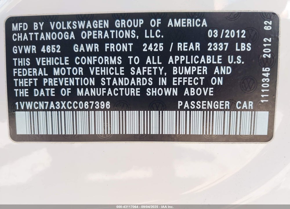 2012 VOLKSWAGEN PASSAT VIN: 1VWCN7A3XCC067396